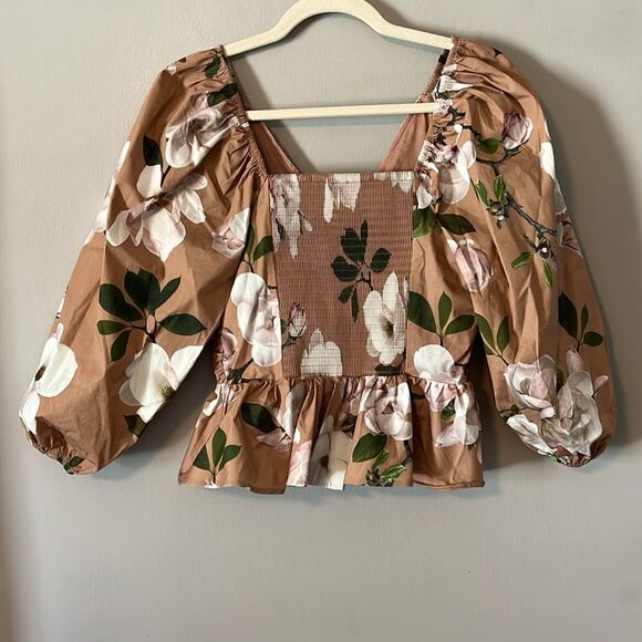 New! Express Floral Printed Pleated Peplum Top Blouse Puff Sleeve - Picture 9 of 16